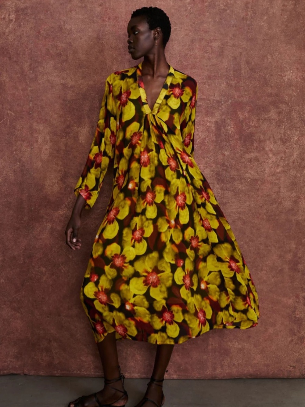 Chan Luu Renata Silk Chiffon Dress Primrose Yellow Floral Silk Kaftan One Size